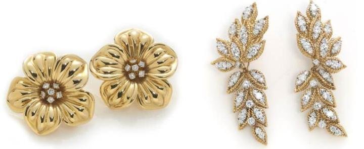 Diamond and eighteen karat gold flower earclips by Van Cleef & Arpels & diamond foliate motif day/night earrings, mounted in fourteen karat bicolor gold