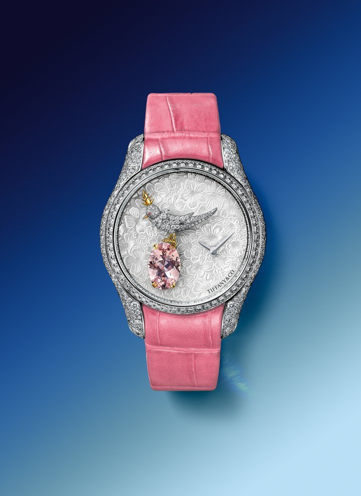 Tiffany & Co. Bird on a Rock Legacy watch in 18k white gold with diamonds. 36mm case; white mother-of-pearl dial engraved with a floral design, set with a 1.45-carat morganite; 587 diamonds totalling 3.6 carats; open back with a loupe to reveal the back of the stone; high-precision Swiss quartz movement.