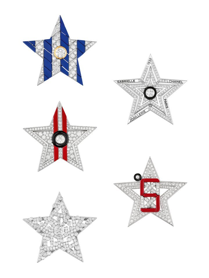 Icons Collector brooches in white gold, yellow gold, diamonds and coloured lacquer. Each star can also be worn individually, on a chain. Haute Joaillerie Sport collection. ©Chanel