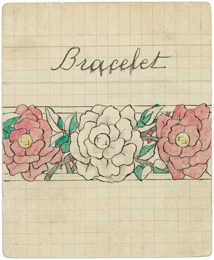 Product card for the “entwined flowers, red and white roses” bracelet (1924), awarded the Grand Prix at the 1925 International Exhibition of Modern Decorative and Industrial Arts. Van Cleef & Arpels Archives.