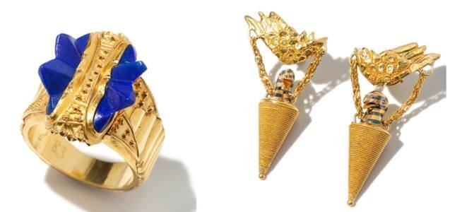 Otto Jakob, Gold & Lapis Lazuli Ring 1983 & Gold & Palladium Earrings “Striped Griffins” 1984