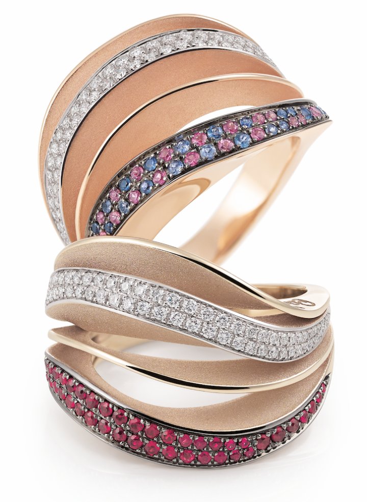 Velaa Color Series Ring, 18Kt Pink Champagne Gold with Diamonds and Pink and Blue Sapphires / Velaa Pavé Series Ring, 18kt Natural Beige Gold with Diamonds and Rubies