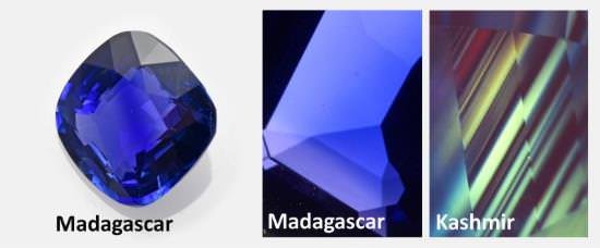Figure 3: Diffuse purple colour zone (chromium enriched) occasionally seen in new sapphires from Madagascar (left) compared to fine narrow growth layers with red visible fluorescence (due to chromium) in Kashmir sapphire. Photos: SSEF and H.A. Hänni, SSEF.