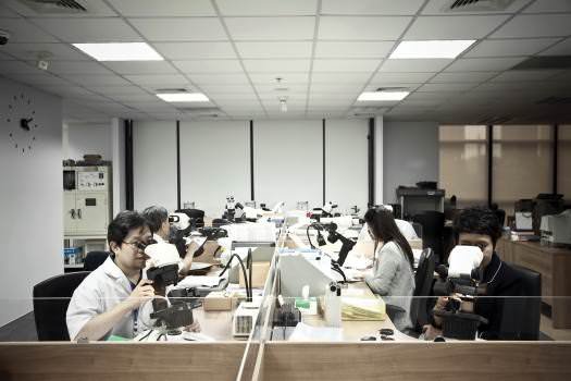 Using the world's most advanced gem instruments, GIT provides a variety of testing and certification services for both consumers and the trade, as well as other related services, including testing the purity of precious metals. The lab's highly experienced gemmologists also have a strong background in mineralogy and geology. At right front, Mrs. Wilawan Atichat, GIT's director, examines a gemstone.