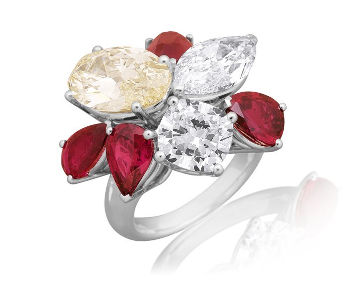 Masterpieces Rubies Collection: an assortment of diamonds in various shapes and shades artfully combined with pear-shape rubies, set in white gold 