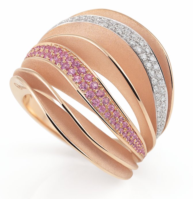 Velaa Color Series Ring, 18Kt Pink Champagne Gold with Diamonds and Pink Sapphires