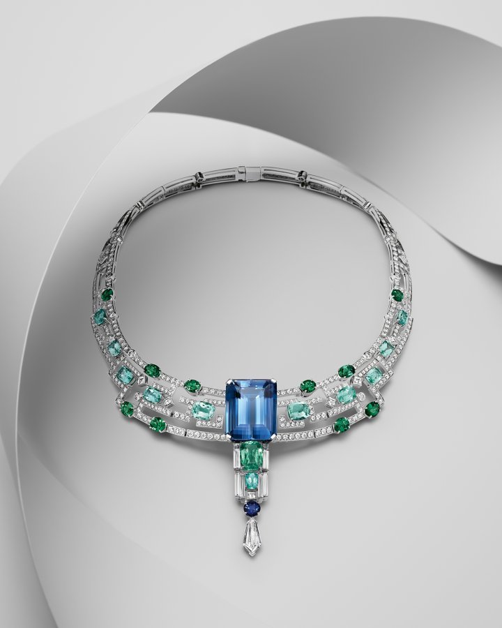 Labirinti Gucci necklace in white gold with aquamarine, blue sapphire, Paraiba and green tourmalines and diamonds.