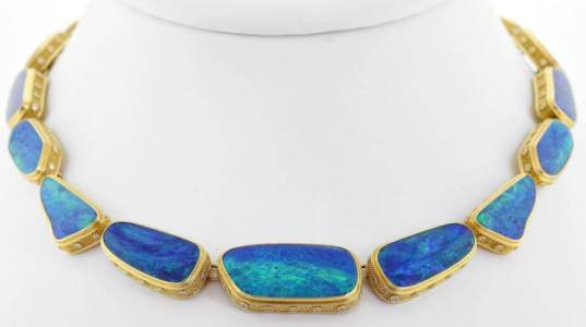 Jonathan Lee Rutledge, Jonathan Lee Rutledge, Inc. - 22K and 18K yellow gold “Blue Waters” necklace featuring Opal doublets and Diamonds (1.86 ctw.).