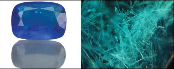 An example of a purported Haüyne gem (left) that turned out to be blue glass, as seen from analysis of the microscopic synthetic Wollastonite crystals (right).