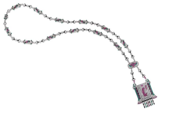 Exceptionally rare multi-gem Egyptian revival sautoir, Van Cleef & Arpels, sold by Christie's Geneva in 2018 for CHF 4,332,500. Old and rose-cut diamonds, rubies, emeralds, onyx, platinum and gold (French marks), 1924.