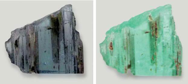 A sample of unheated Paraiba tourmaline (above) and the same sample after heating , showing the change to the prized characteristic neon blue colour.