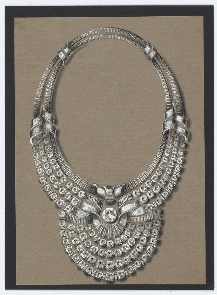 Drawing of the collerette necklace worn by HRH Queen Nazli of Egypt (1939). Pencil and gouache on paper. Van Cleef & Arpels Archives.