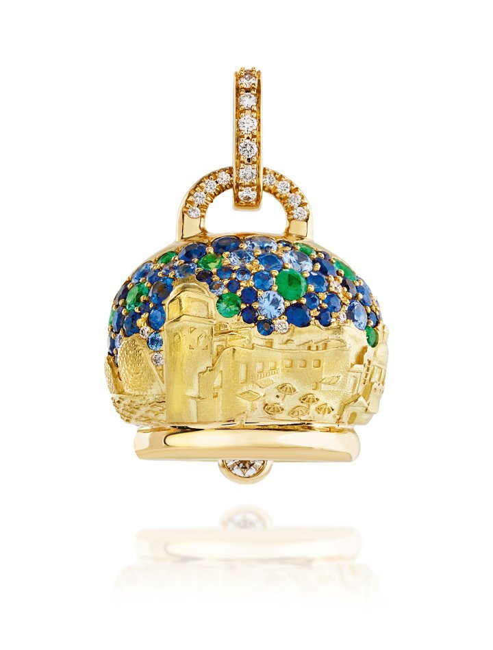 Large Ingrid Bergman Campanella charm in 18k yellow gold, diamonds, emeralds, blue and light blue sapphires