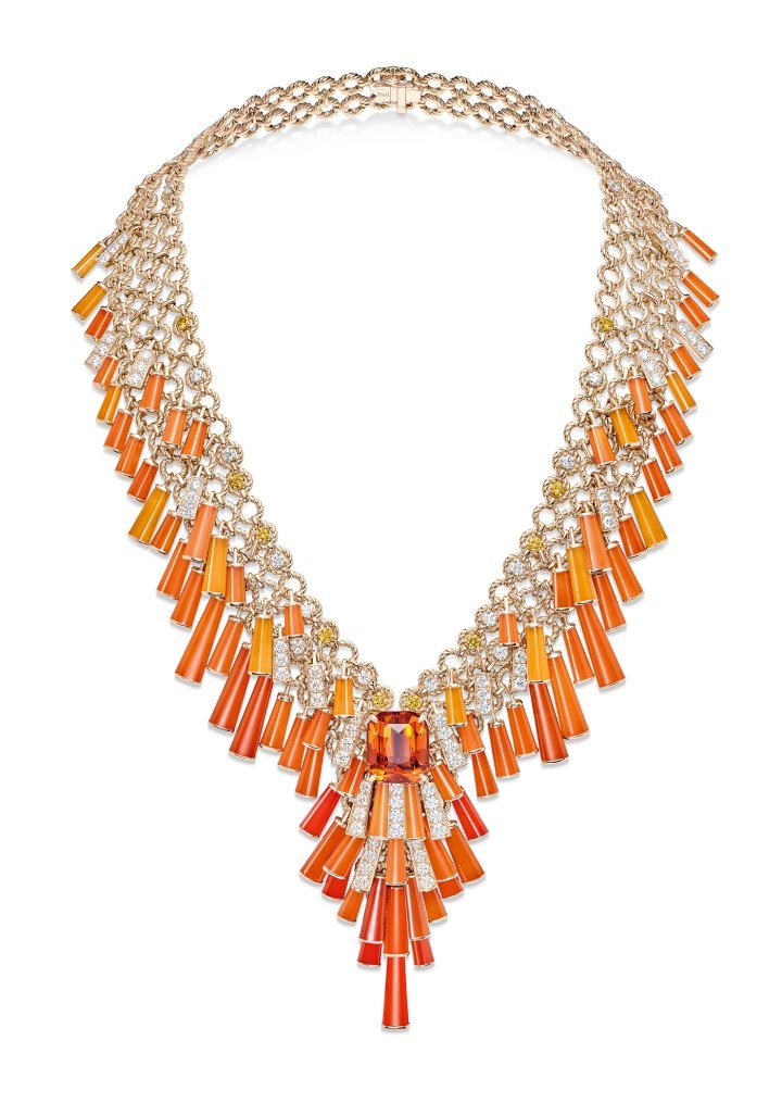 Essence of Extraleganza High Jewellery Necklace. Unique piece in 18k pink gold set with a cushion-cut spessartite (21.23 cts), yellow sapphires, carnelians and diamonds. ©Piaget