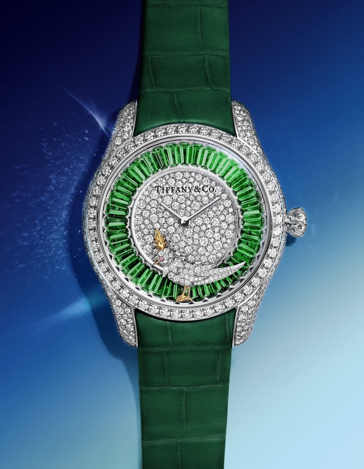 Tiffany & Co. also presented two new interpretations of the Jean Schlumberger by Tiffany watch, Bird on a Rock: a 39mm watch set with baguette tsavorites totalling 5.4 carats and the other a 36mm, full pavé diamond model highlighted with 30 baguette-cut aquamarines.