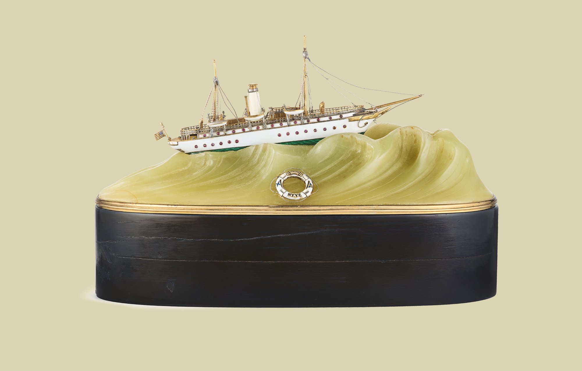 Small-scale replica of the Varuna in yellow gold, silver, jasper, wood and enamel. 1906. Van Cleef & Arpels Collection.