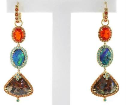 Erica Courtney, Erica Courtney - 18K yellow gold earrings featuring boulder Opals (22.84 ctw.) and fire Opals (2.62 ctw.) accented with orange Sapphires (1.75 ctw.) and Paraiba Tourmalines (.70 ctw.).