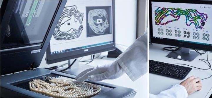 PearlScan® system (left) and user interface (right) for documenting and measuring single and multi-strand pearl necklaces. Photo : SSEF 