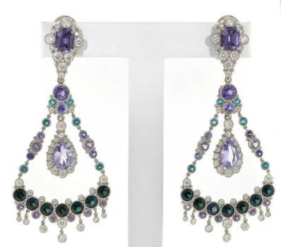 Deirdre Featherstone, Featherstone Design - Platinum “Coleman's Smokey Blues” earrings featuring cushion-cut blue Spinels (3.86 ctw.) and lavender Spinels (4.02 ctw.) accented with multi-colored Sapphires, Garnets, Tourmalines and Diamonds.