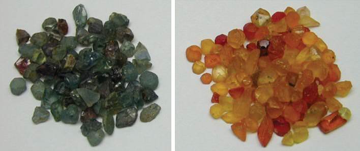 Natural sapphires (left) and those heated with beryllium to change their colour (right).