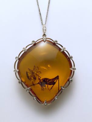 Amber Pendant with cricket and spider inclusions, mounted in gold and platinum, with diamonds. © The Natural History Museum, London