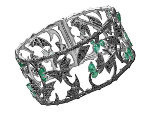  'Fly by Night' Couture Bracelet set with Emeralds and Black Diamonds
