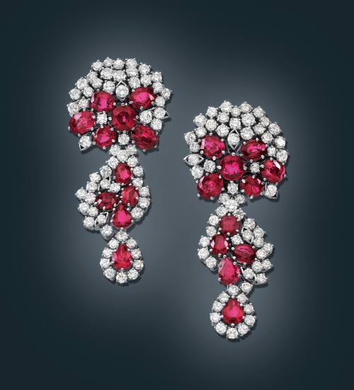 Brilliant and ruby pendant ear clips, rubies total weight ca. 20 ct. 