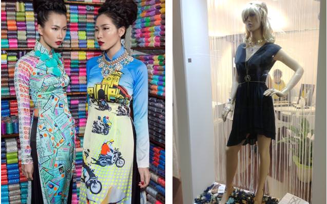 Left: Colourful fashion by Nguyen Cong Tri (Vietnam). A leading Vietnamese couturier, Cong Tri re-creates Vietnamese fashion using traditional techniques, modern motifs, and complex materials. His haute couture Collection #6 debuted at London Fashion Week (2013) as part of the International Fashion Showcase. He mentors young designers in hopes of building a viable fashion industry in Vietnam Right: A variety of fashion-forward jewellery in gold and gems designed by Gabriela Rigamonti (Italy). Thinking outside the norm, Gabriela‘s pieces range from ancient tribalism to eccentric modernity. All her pieces are produced in Vicenza.