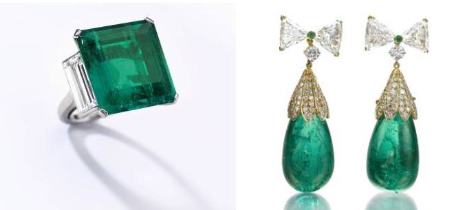 Emerald and diamond ring & emerald and diamond ear clips