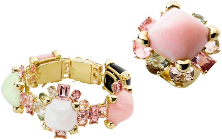 Arabian Night yellow gold bracelet and ring with pink opal and multi-coloured tourmalines.