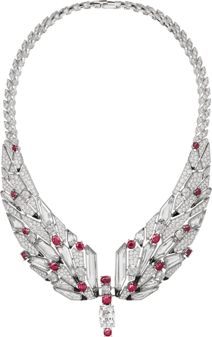 Cartier - Beautés du Monde Collection, Cymbale necklace in white gold, set with a D VS1, 6.10-carat cushion-cut diamond, nineteen faceted Burmese rubies totalling 12.64 carats, eleven cushion-cut diamonds, rock crystal, onyx and brilliant-cut diamonds
