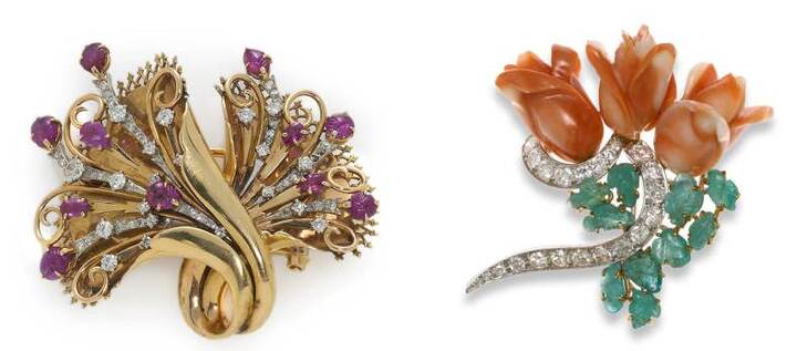 A retro ruby and diamond spray brooch & a coral, emerald and diamond rose bouquet brooch 