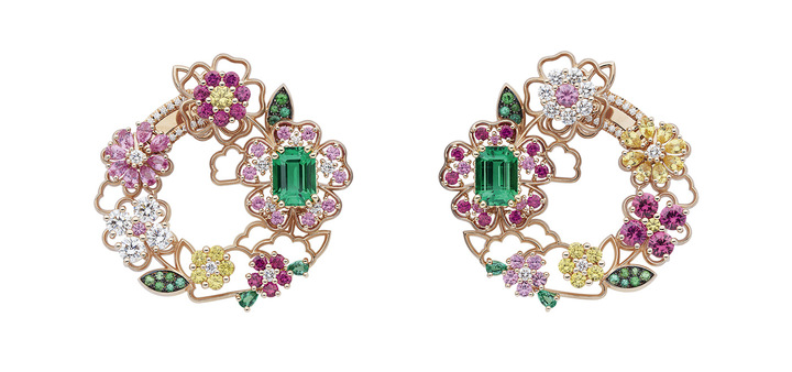 Dior Milly Dentelle earrings, rose gold, diamonds, emeralds, pink rubies, pink and yellow sapphires, tsavorite garnets