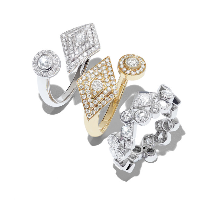 Albermale collection: Juxtaposing graphic symmetry and abstract asymmetry, the Albemarle collection features classic and contemporary interpretations of the Windsor motif, another Garrard icon.