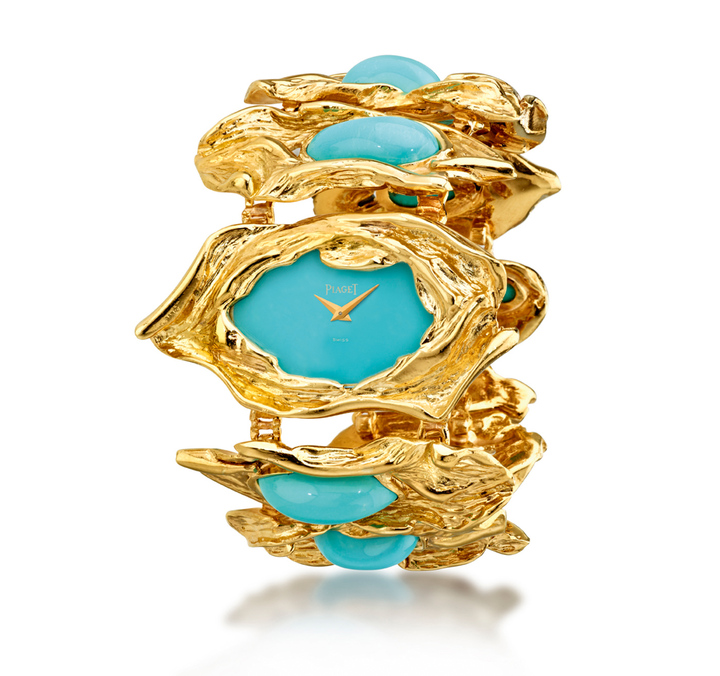 Piaget jewellery watch, yellow gold and turquoise. Manufacture 9P ultra-thin hand-wound movement. 1969. Piaget Private Collection.