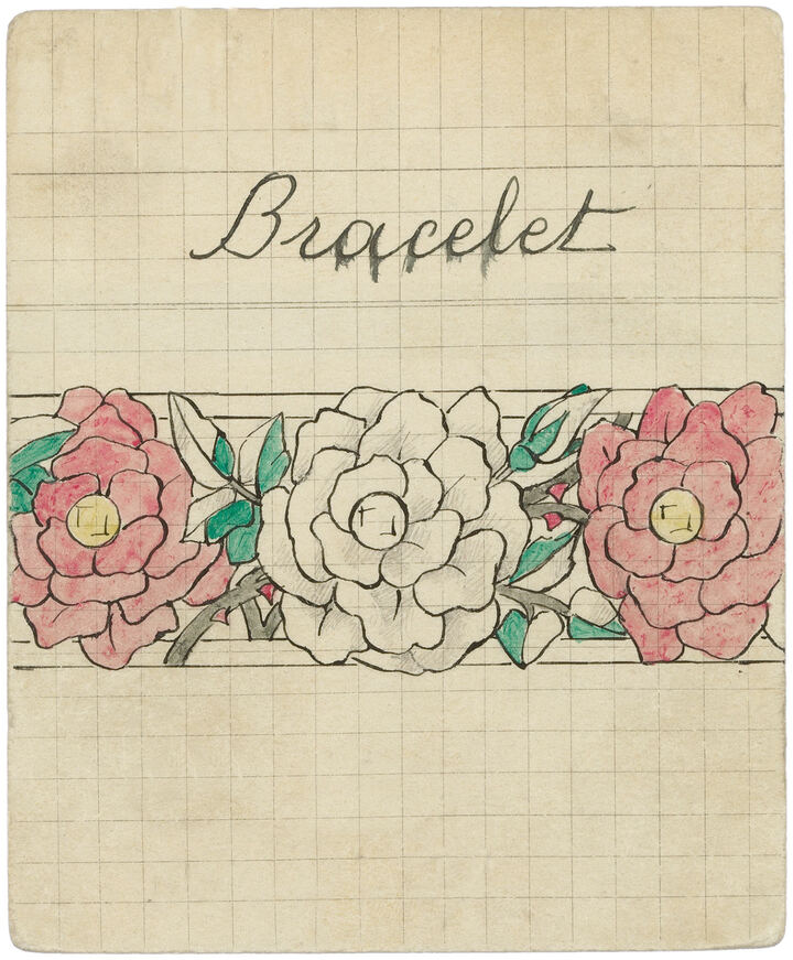 Product card for the “entwined flowers, red and white roses” bracelet (1924), awarded the Grand Prix at the 1925 International Exhibition of Modern Decorative and Industrial Arts. Van Cleef & Arpels Archives.