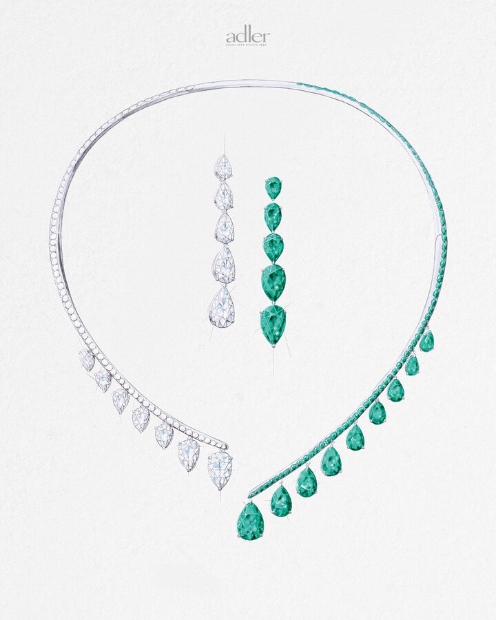 Adler Ballerina diamond and emerald suite gouache
