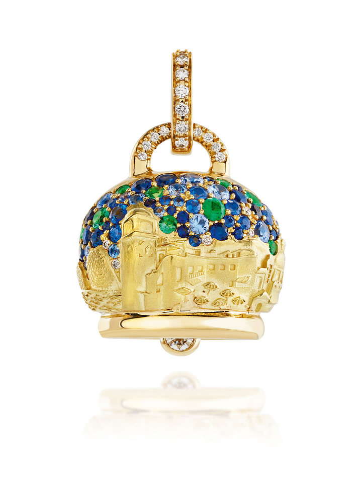 Large Ingrid Bergman Campanella charm in 18k yellow gold, diamonds, emeralds, blue and light blue sapphires