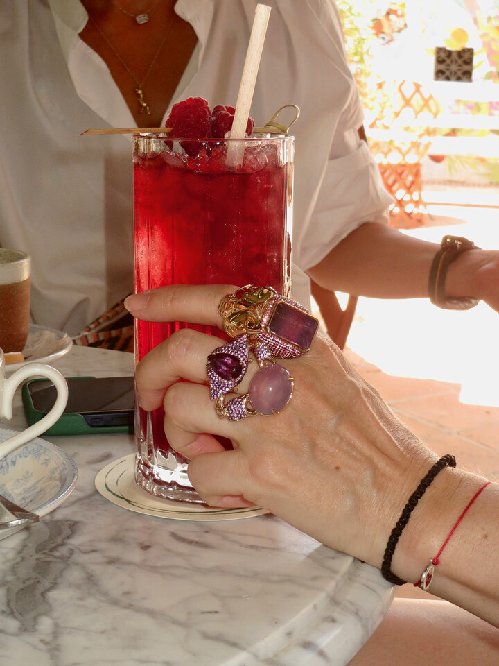 The rhino beetle ring made in 18k pink gold with sapphires and amethysts creating a gorgeous ombré surrounding a juicy triple colour tourmaline. The Nammu Ring, named after the goddess of the sea made in 18k pink gold with purple tourmaline and amethysts and holding a mystical chalcedony.