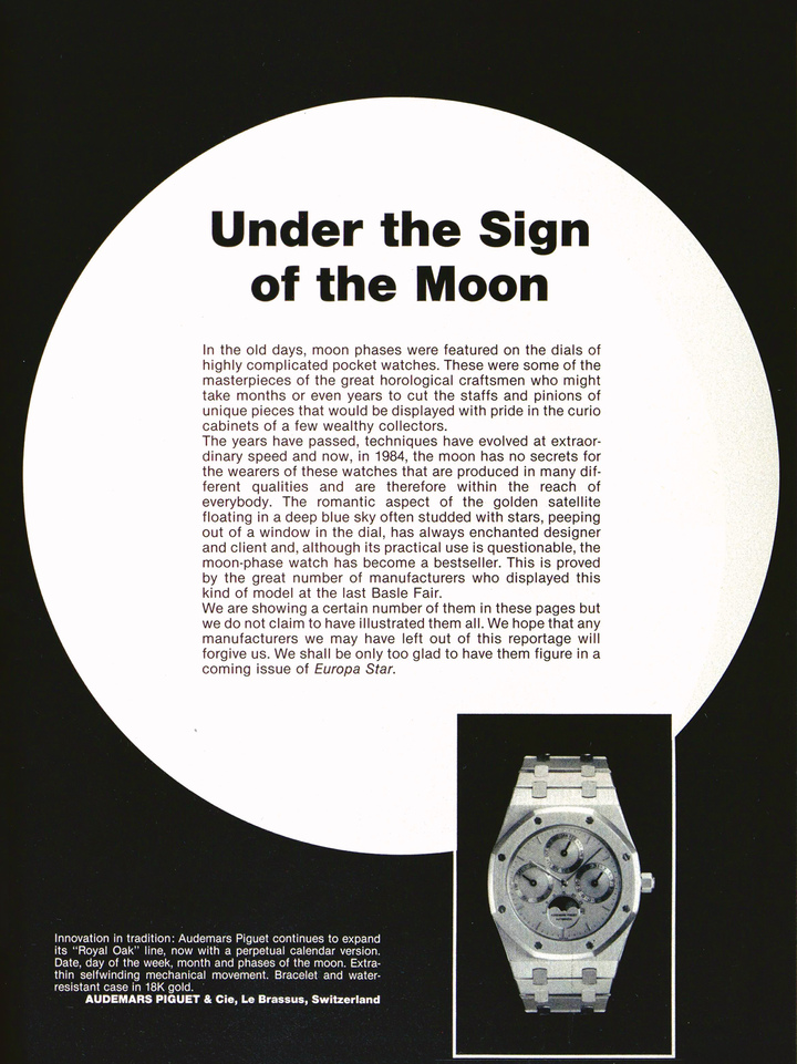 The Royal Oak Perpetual Calendar 25554 illustrated the cover page of an article published in Europa Star in 1984 on the Swiss watch industry and the revival of calendar watches. 